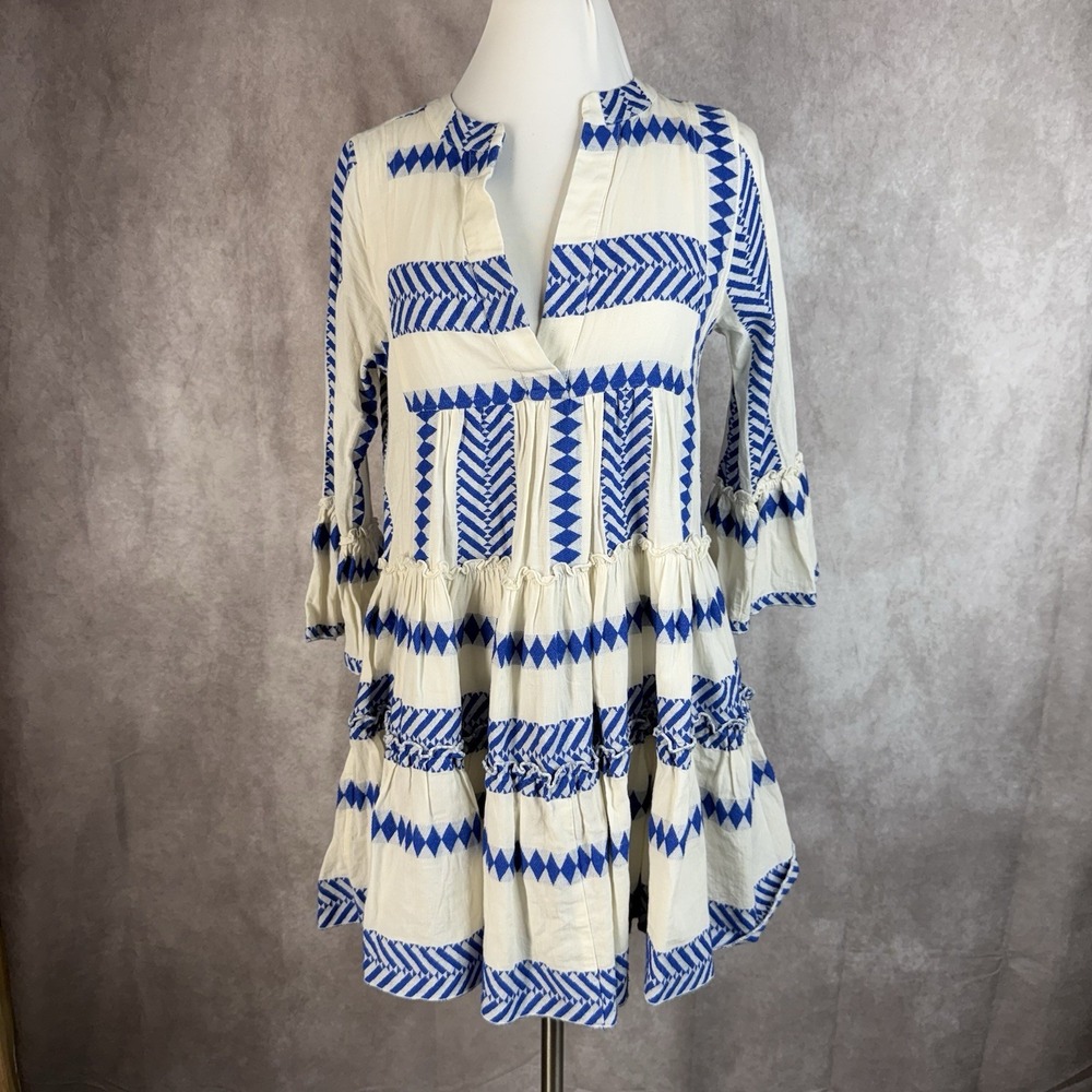 Kasia Embroidered Woven Bell Sleeve Dress Made In Greece In White Blue Size S